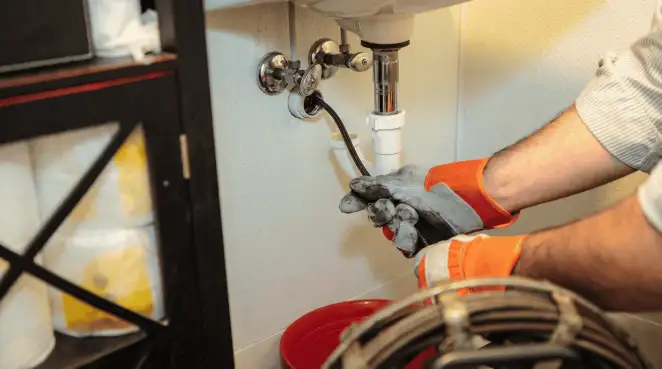 Drain cleaning technician using a motorized plumbing snake to clear a clogged sink pipe in New Orleans, LA